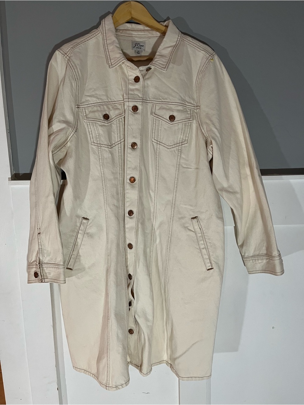 J. Crew Cream Long Button-Up Denim Jacket